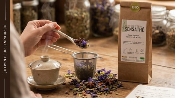Préparation d'une infusion de plantes médicinales à couvert avec fleurs feuilles et plantes aromatiques - Herboristerie Sensathé Préparation d'une infusion de plantes médicinales à couvert avec fleurs feuilles et plantes aromatiques - Herboristerie Sensathé